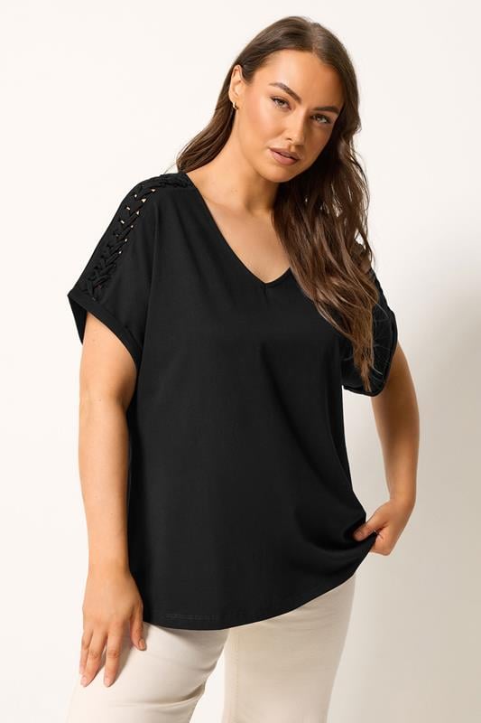YOURS Plus Size Black Lattice Grown On Sleeve T-Shirt | Yours Clothing 1