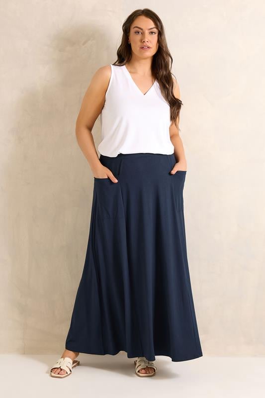  EVANS Curve Navy Blue Stretch Jersey Midaxi Skirt