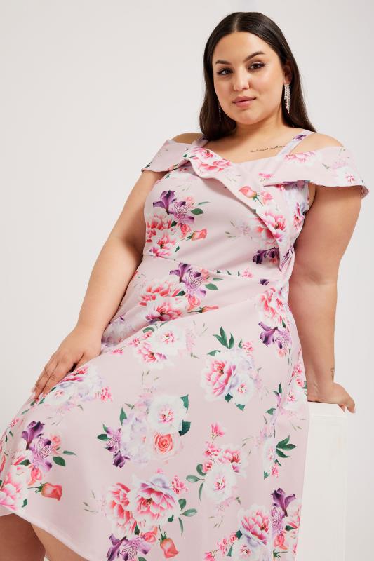 YOURS LONDON Plus Size Pink Floral Print Bardot Dress | Yours Clothing 2