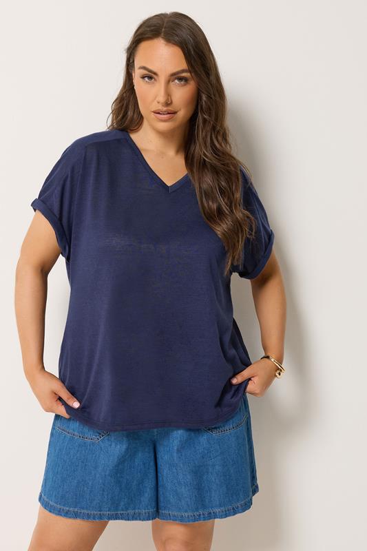  YOURS Curve Navy Blue Premium Linen Look T-Shirt