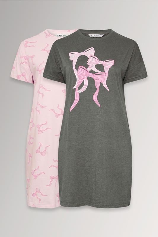  YOURSET Curve 2 PACK Grey & Pink Bow Print Nightdresses