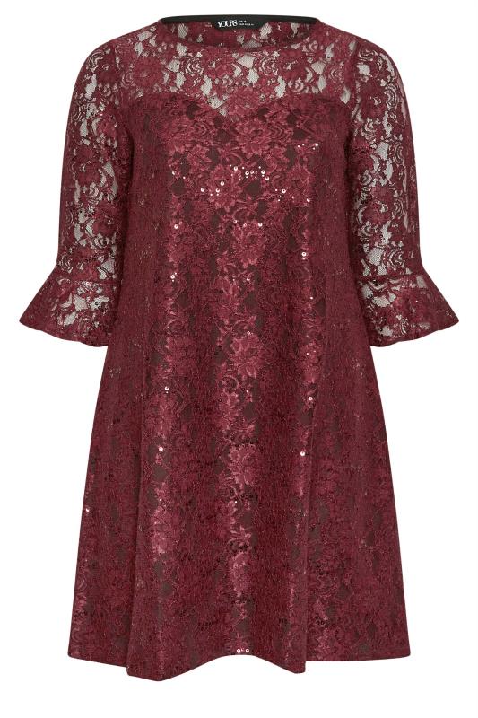 YOURS Plus Size Burgundy Red Lace Sequin Embellished Swing Dress | Yours Clothing 5
