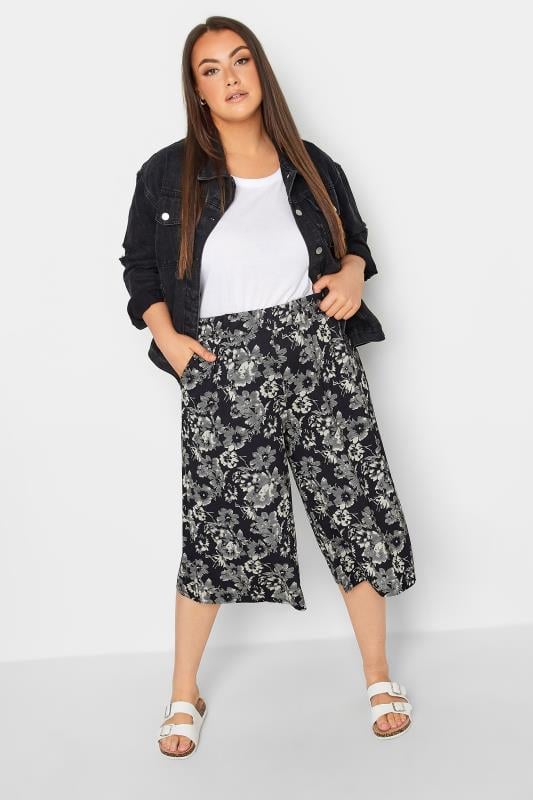 YOURS Curve Black Graphic Flower Print Culottes | Yours Clothing 2