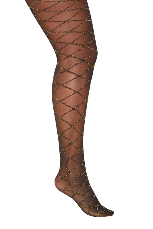 Black & Gold Glitter Argyle Print Tights | Yours Clothing 3