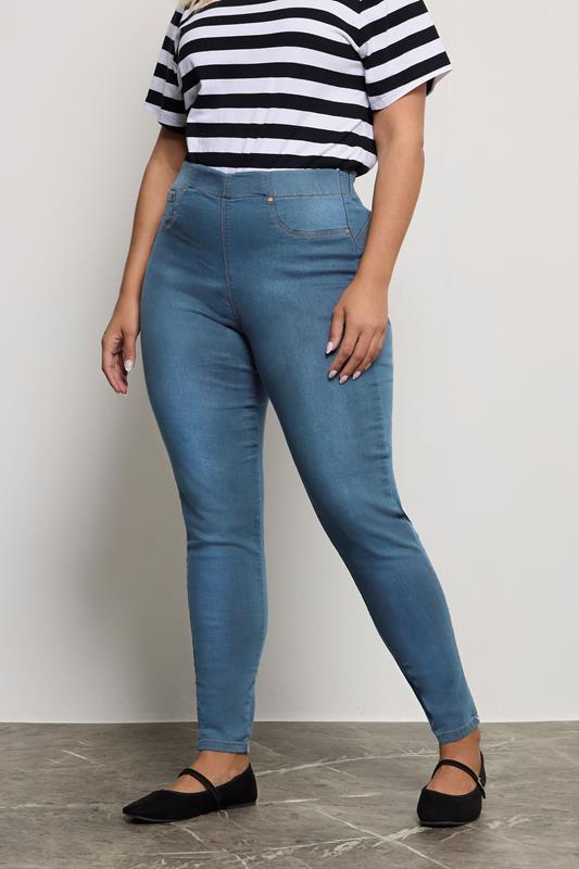 Plus Size Jeggings YOURS FOR GOOD Curve Mid Blue Pull On Bum Shaper LOLA Stretch Jeggings