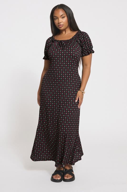 YOURS Plus Size Black Ditsy Textured Milkmaid Dress | Yours Clothing 1