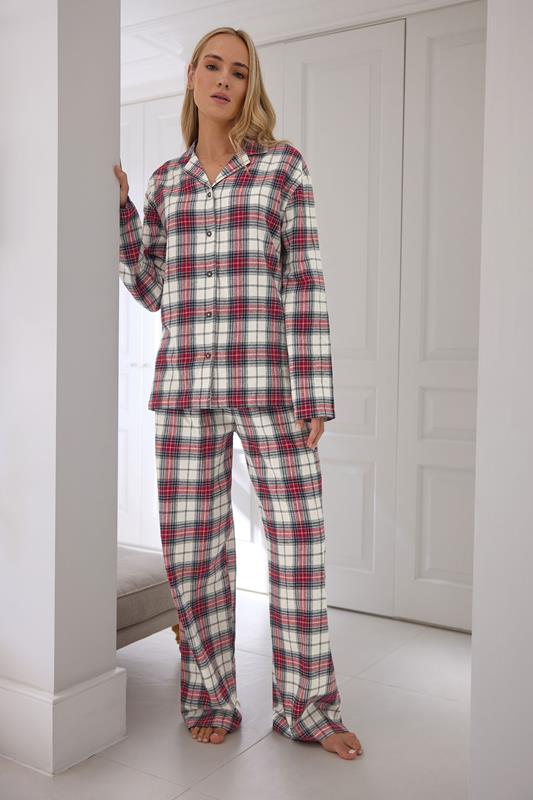  LTS Tall Ivory White & Red Cotton Check Pyjama Set