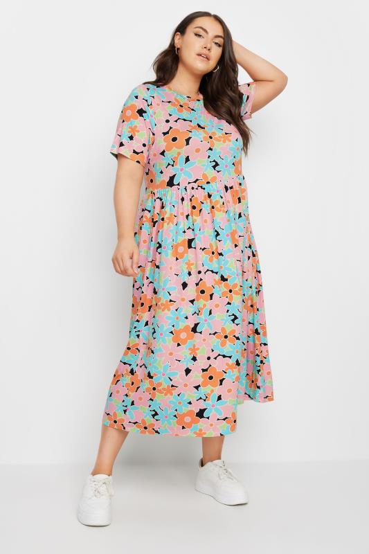 YOURS Plus Size Orange & Blue Retro Floral Print Smock Dress | Yours Clothing 1