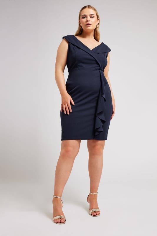 YOURS LONDON Plus Size Navy Blue Tuxedo Style Ruffle Dress | Yours Clothing 1