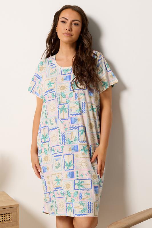  YOURS Curve Natural Brown Postcard Print Dipped Back Nightdress