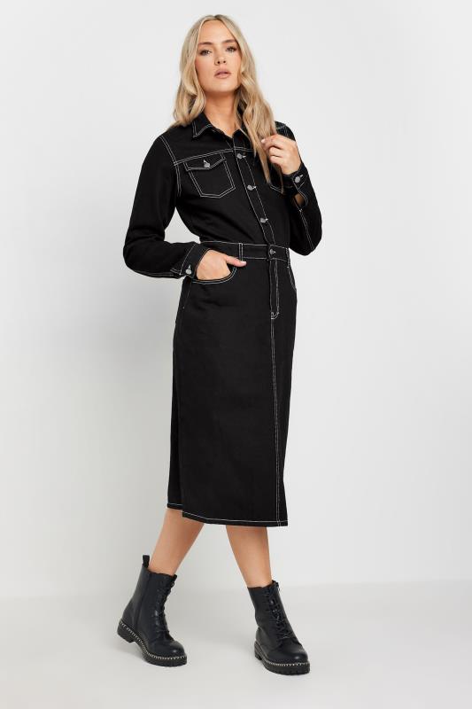 LTS Tall Black Contrast Stitch Denim Midi Dress | Long Tall Sally 2