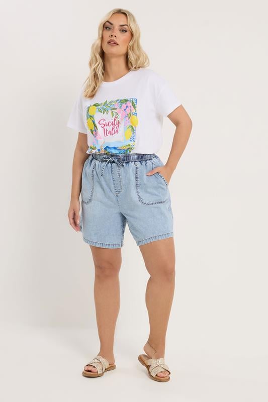 YOURS Plus Size Bleach Blue Denim Drawstring Shorts | Yours Clothing 1