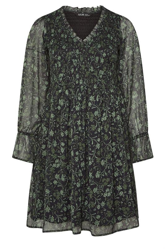 YOURS Plus Size Black Floral Shirred Mini Dress | Yours Clothing 5
