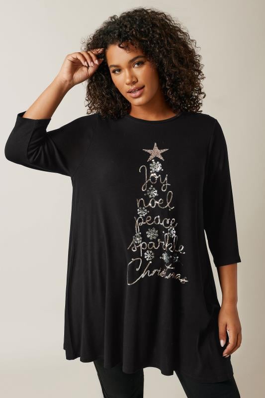 Plus Size  EVANS Curve Black Sequin Embellished Christmas Tree Top