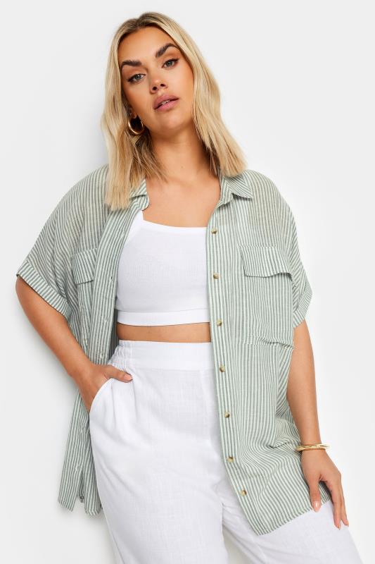 YOURS Plus Size Sage Green Stripe Linen Shirt | Yours Clothing 2