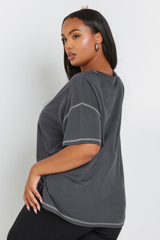 YOURS Plus Size Grey Contrast Stitch T-Shirt | Yours Clothing 3