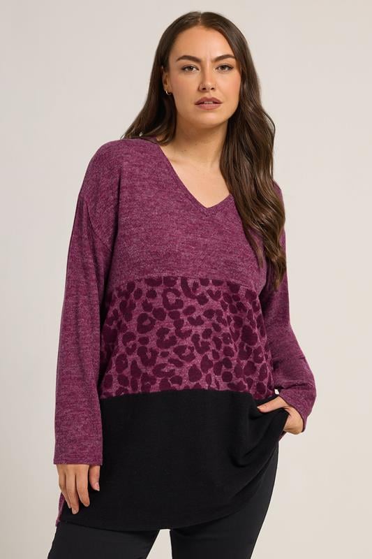 YOURS Curve Pink Animal Print Colourblock Top