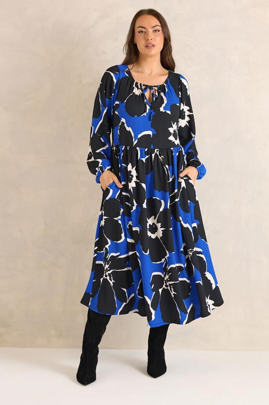 Plus Size  EVANS Curve Blue Floral Tie Neck Maxi Dress
