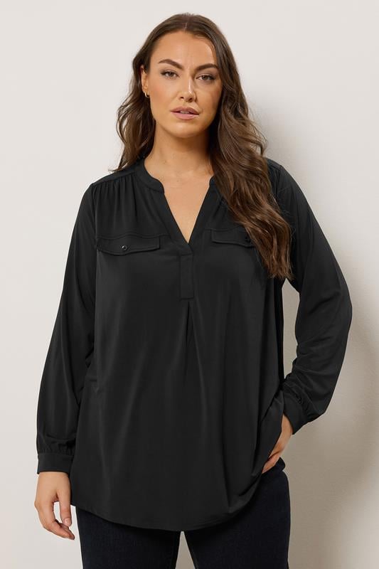 Plus Size  EVANS Curve Black Notch Neck Utility Shirt