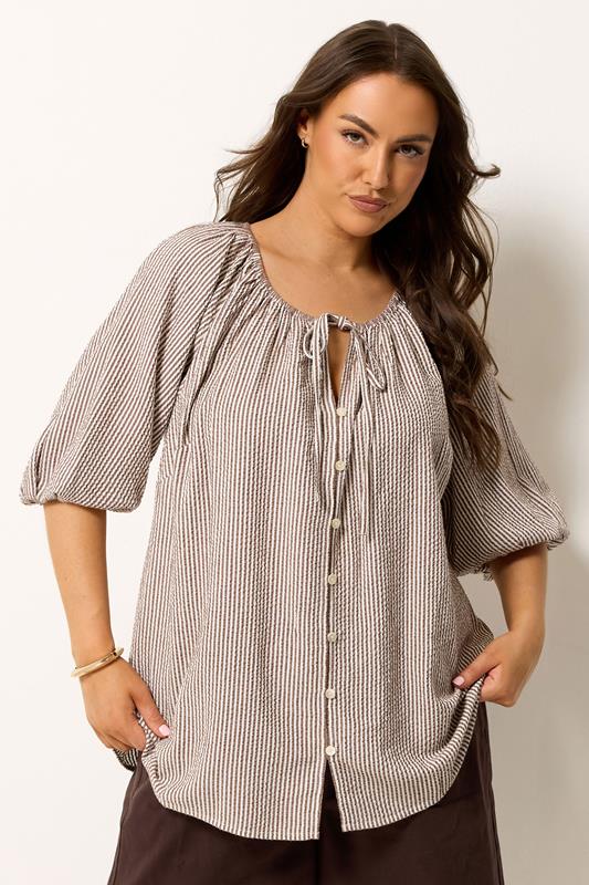 YOURS Curve Brown Stripe Tie Front Top