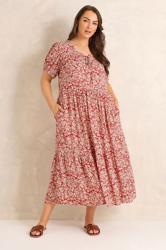 EVANS Plus Size Orange Ditsy Tie Neck Dress | Evans 1