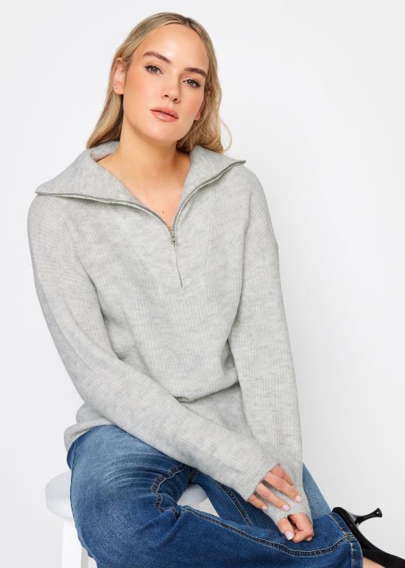 LTS Tall Women's Grey Marl Zip Funnel Neck Jumper | Long Tall Sally 1