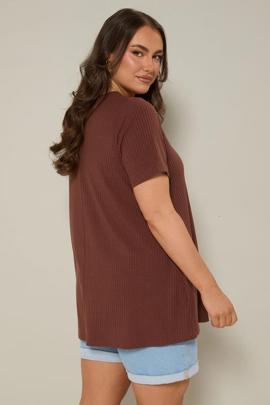 YOURS Plus Size Rust Orange Button Front Ribbed Swing Top | Yours Clothing 3