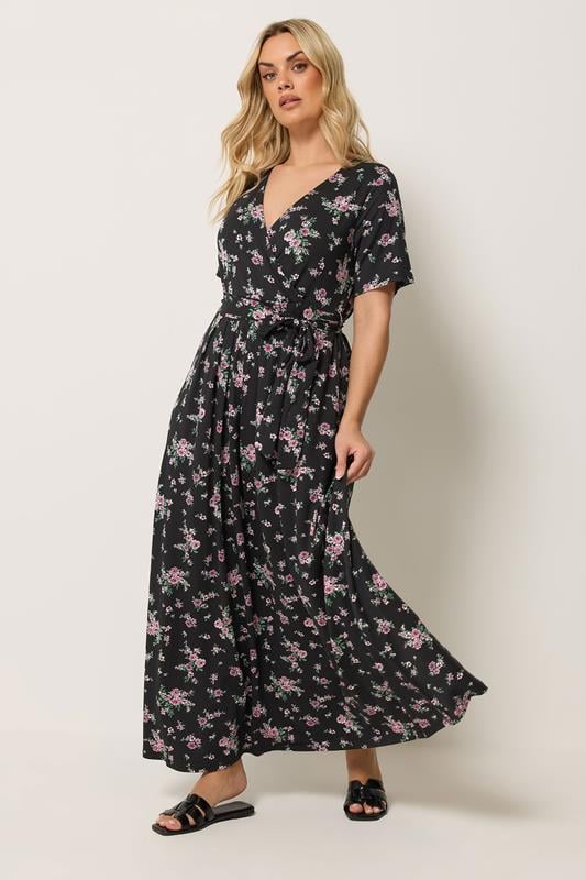  YOURS Curve Black & Pink Floral Wrap Front Dress