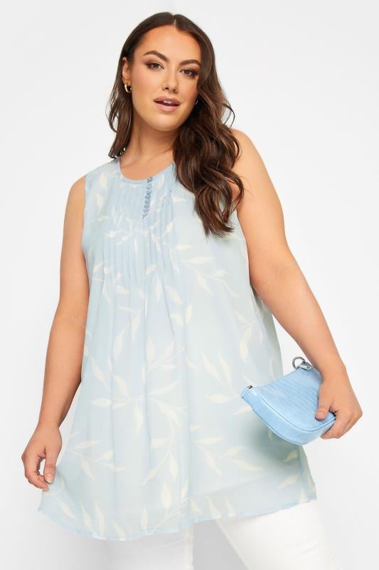 YOURS Curve Plus Size Light Blue Floral Leaf Print Pintuck Sleeveless Blouse | Yours Clothing 1