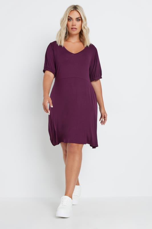 YOURS Plus Size Burgundy Red Puff Sleeve Mini Dress | Yours Clothing 1