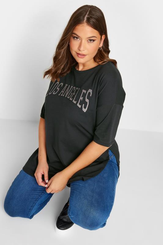 YOURS Curve Black 'Los Angeles' Glitter Embossed T-Shirt | Yours Clothing  4