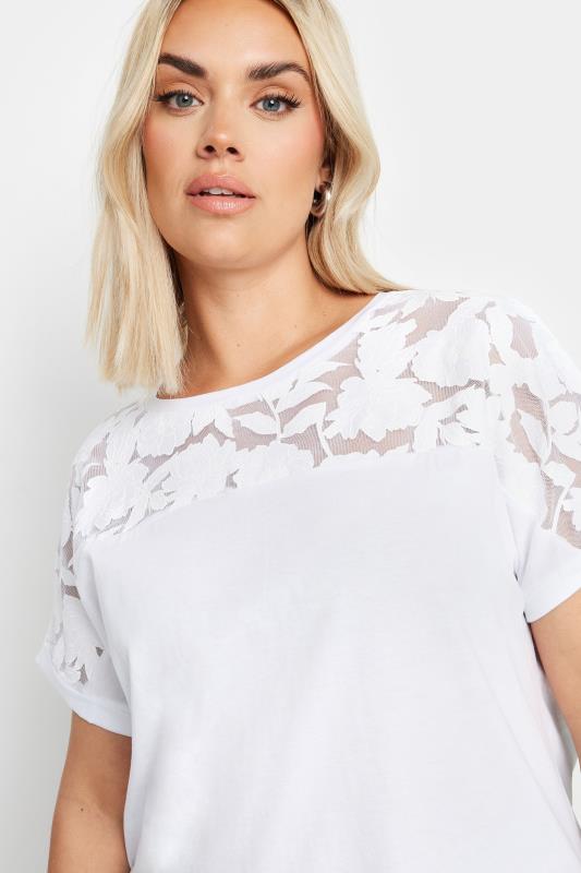 YOURS Plus Size White Floral Mesh Panel T-Shirt | Yours Clothing 4