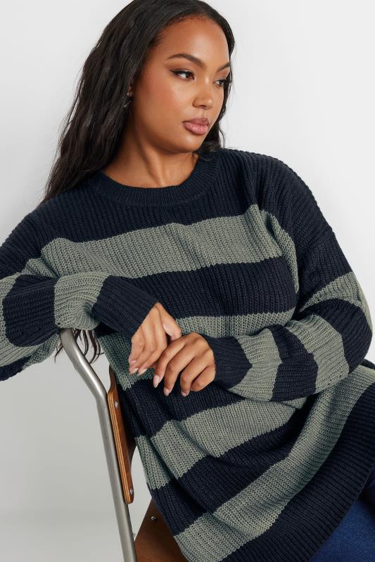 YOURS Plus Size Navy Blue & Grey Stripe Knitted Jumper | Yours Clothing 4