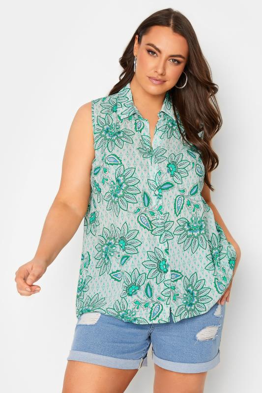 YOURS Plus Size Green Floral Print Dipped Hem Sleeveless Blouse | Yours Clothing 1