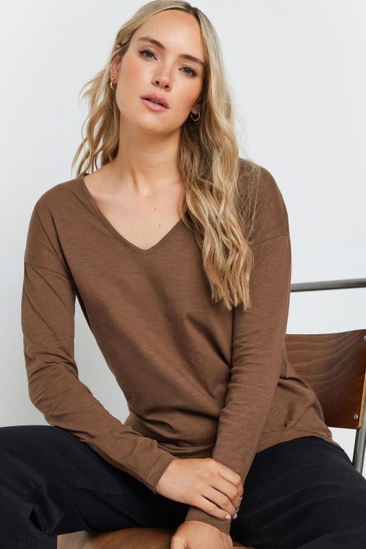 LTS Tall Brown V-Neck Long Sleeve Cotton T-Shirt | Long Tall Sally 4