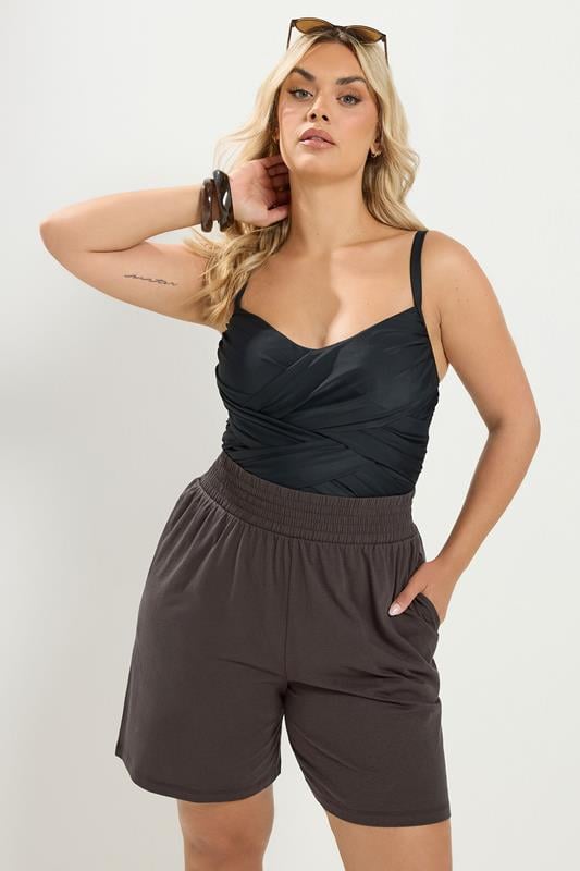 YOURS Plus Size Brown Shirred Waist Shorts | Yours Clothing 1