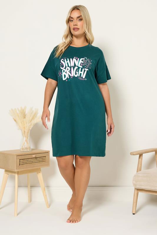 YOURS Plus Size Green 'Shine Bright' Sleep Tee Nightdress | Yours Clothing 1