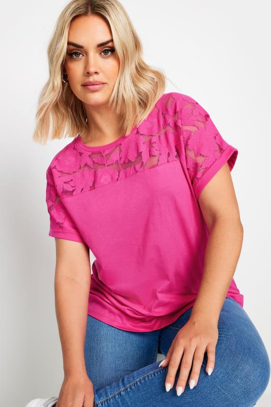 YOURS Plus Size Pink Floral Mesh Panel T-Shirt | Yours Clothing 4