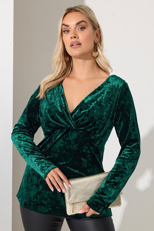 Plus Size  YOURS LONDON Curve Green Velvet Wrap Long Sleeve Top