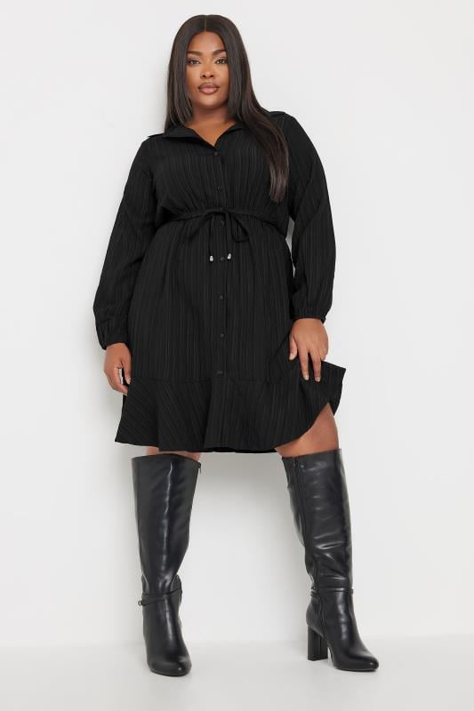 YOURS Plus Size Black Textured Stripe Shirt Dress | Yours Clothing 1