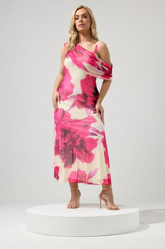 YOURS LONDON Curve White Blurred Floral Drape Shoulder Dress