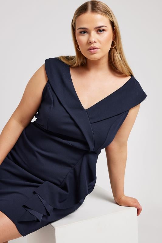 YOURS LONDON Plus Size Navy Blue Tuxedo Style Ruffle Dress | Yours Clothing 2