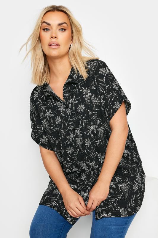 YOURS Plus Size Black Leaf Print Short Sleeve Shirt | Yours Clothing 1