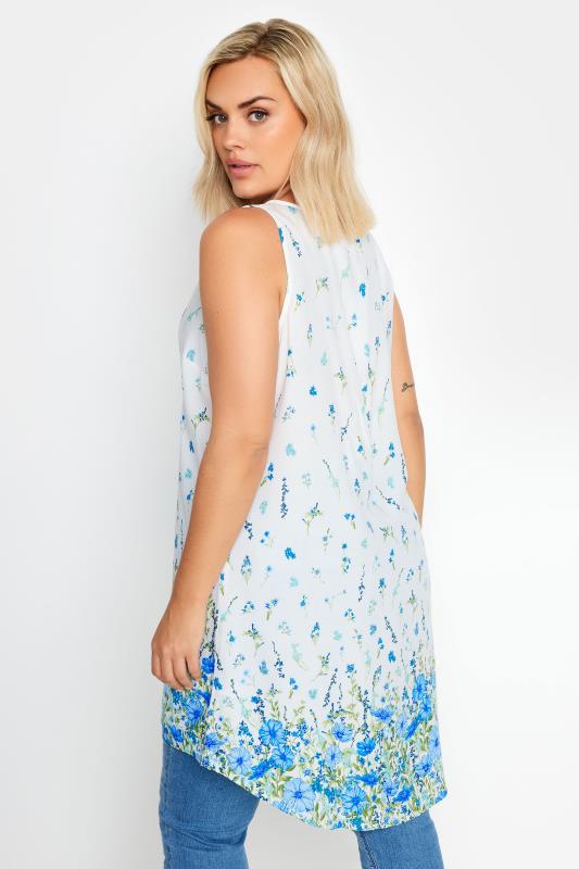 YOURS Plus Size White & Blue Floral Print Dipped Hem Pleated Vest | Yours Clothing 3