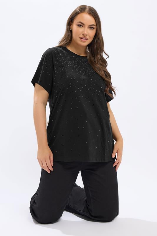 YOURS Plus Size Black Diamante Embellished T-Shirt | Yours Clothing 1