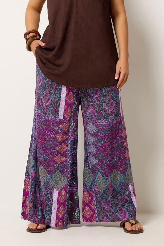 YOURS Curve Purple Paisley Shirred Waist Trousers