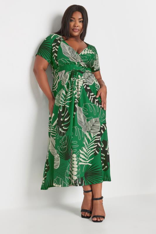 YOURS Plus Size Green Leaf Print Woven Wrap Maxi Dress | Yours Clothing 1