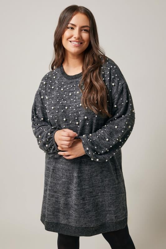 EVANS Plus Size Grey Pearl Embellished Jumper Dress | Evans 1