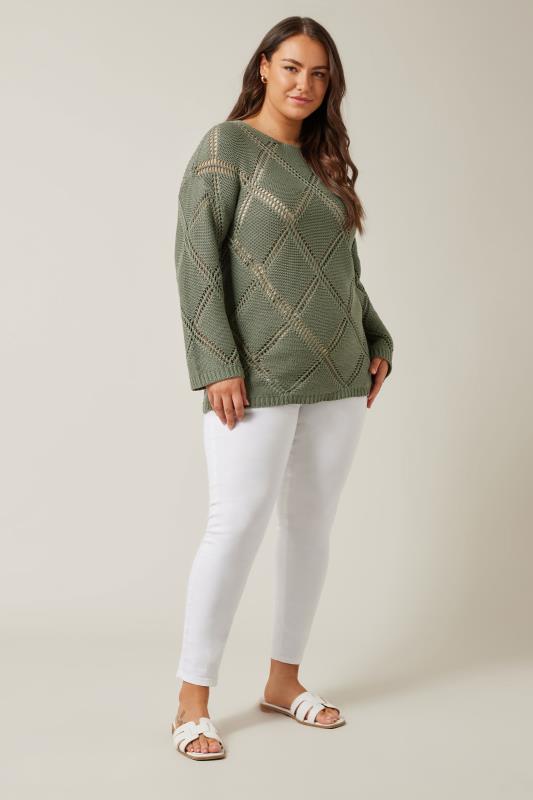 EVANS Plus Size Khaki Green Diamond Pointelle Jumper | Evans 2