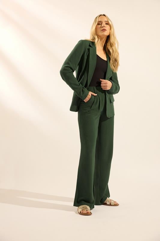 LTS Tall Dark Green Linen Pleated Wide Leg Trousers